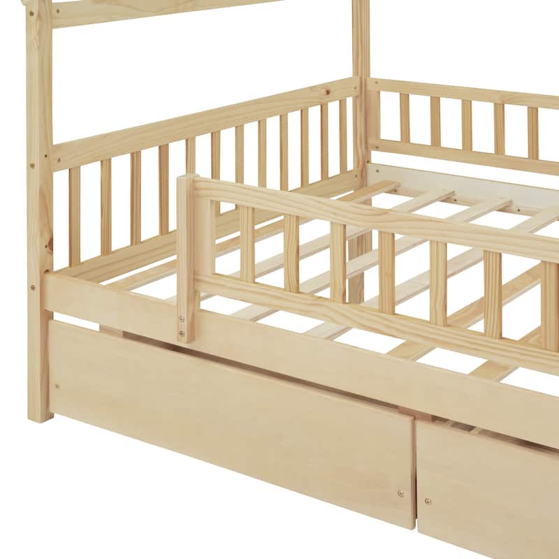 Wooden Full Size House Bed with Storage Drawers and Roof Design