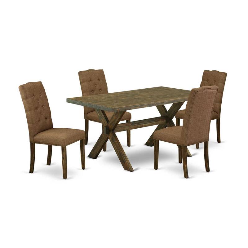 HomeStock 5-Piece Rectangle Distressed Jacobean Finish Solid Wood Top Dining Table with 4 Upholstered-Chairs with Lattice Back
