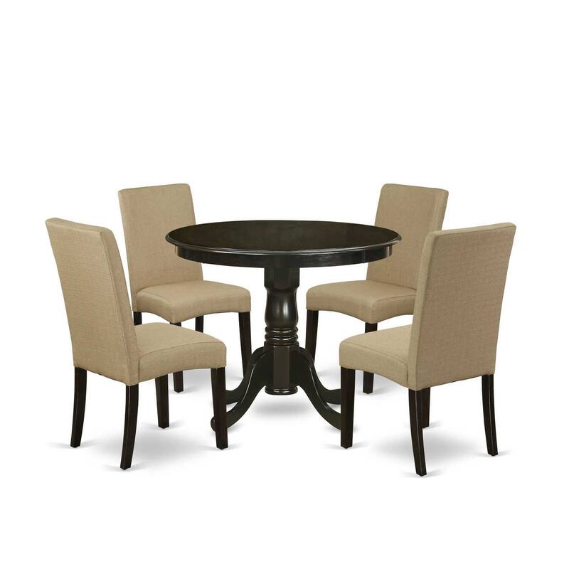 HomeStock 5-Piece Round Cappuccino Finish Solid Wood Top Dining Table with 4 Parson Chair with Lattice Back