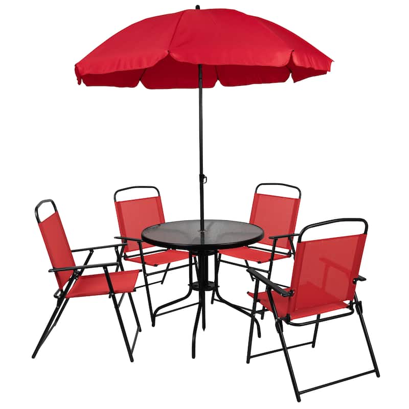 Nantucket 6 Piece Patio Garden Set with Table, Umbrella and 4 Folding Chairs
