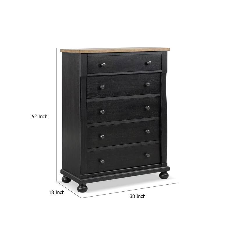 Ginie Tall Dresser Chest, 5 Drawers and Farmhouse Legs, Black Brown