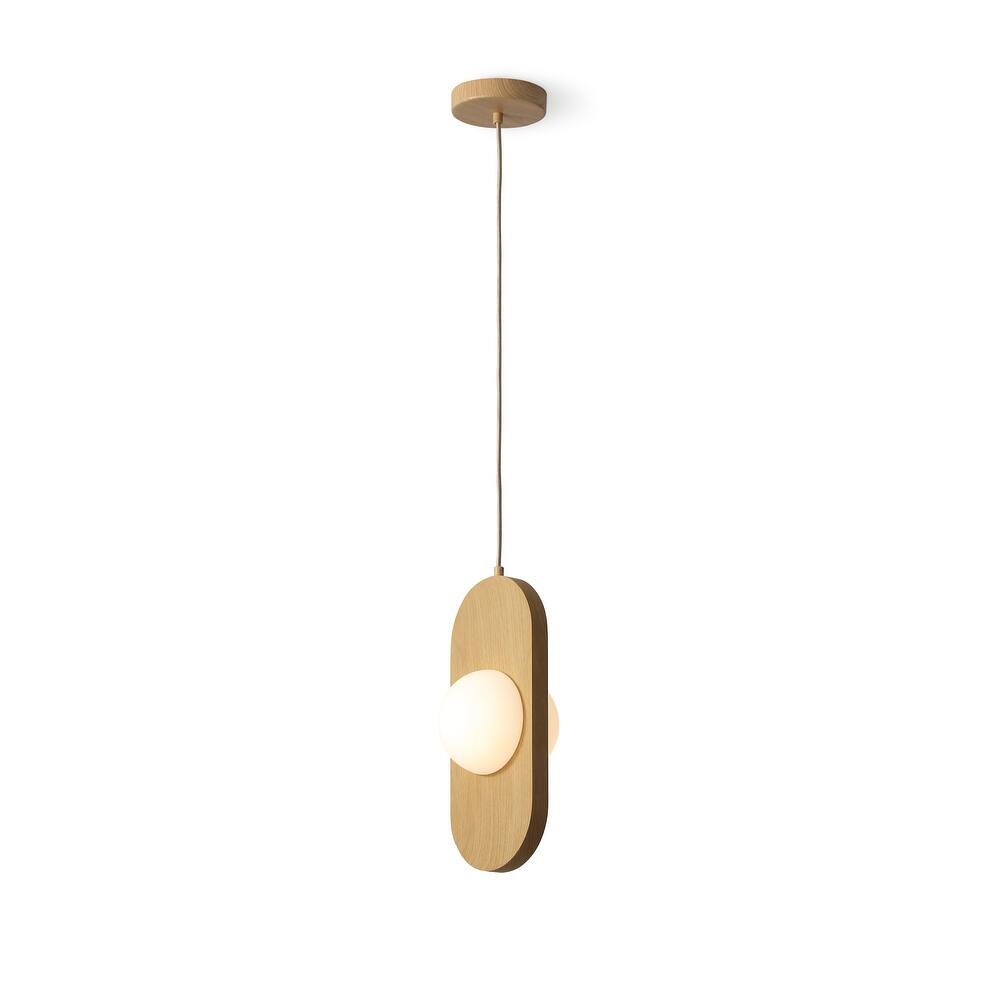 VidaLite Orbita 2-Light Natural Wood Pendant Light with Frosted Glass Shade and Integrated LED - 14" x 6"