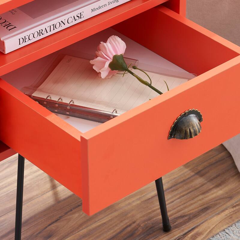 VECELO Mid Century Modern Nightstand with Drawer Open Shelf V-Shaped Metal Legs End Table for Bedroom Living Room