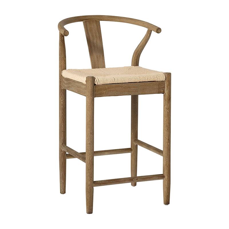 Emilio Mid-Century Modern Curved Back Natural Finish Oak Counter Stool with Woven Craft Paper Seat