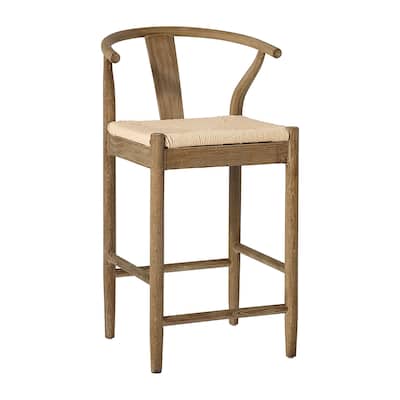 Emilio Mid-Century Modern Curved Back Natural Finish Oak Counter Stool with Woven Craft Paper Seat