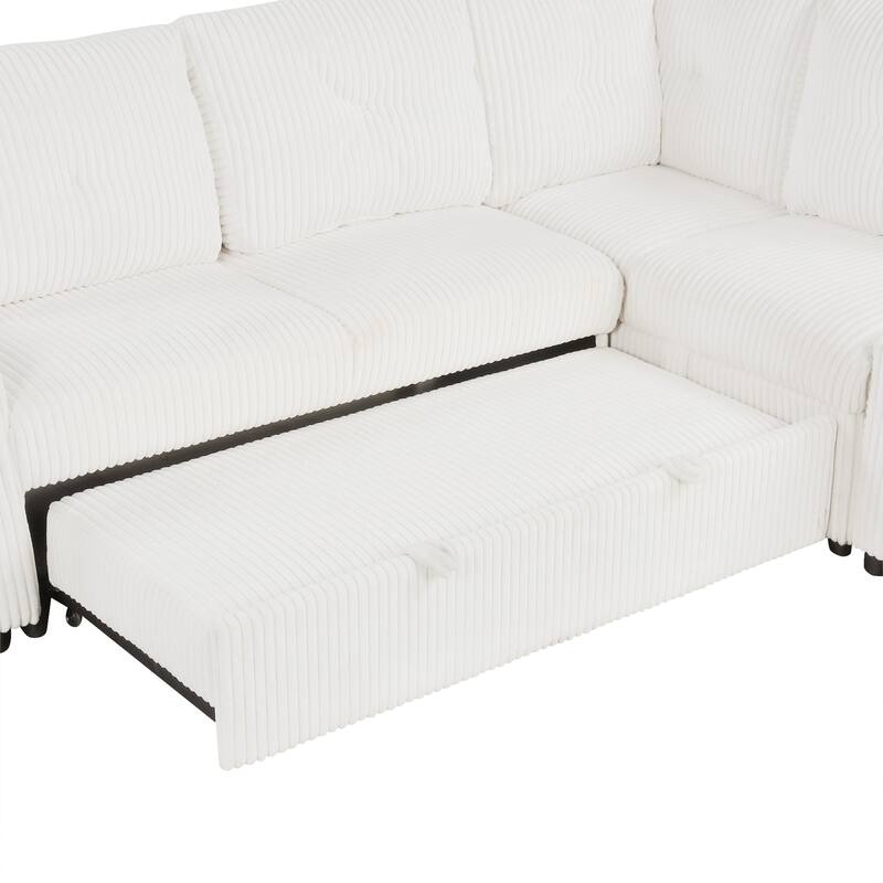 94" Corduroy Sectional Sofa Bed with Ottoman, Storage & USB Ports