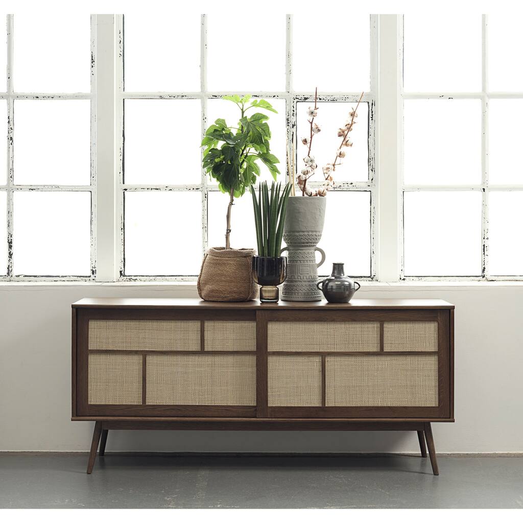 Rye Studio Bailyn Modern Oak and Rattan Sliding Door Sideboard, Smoked Oak