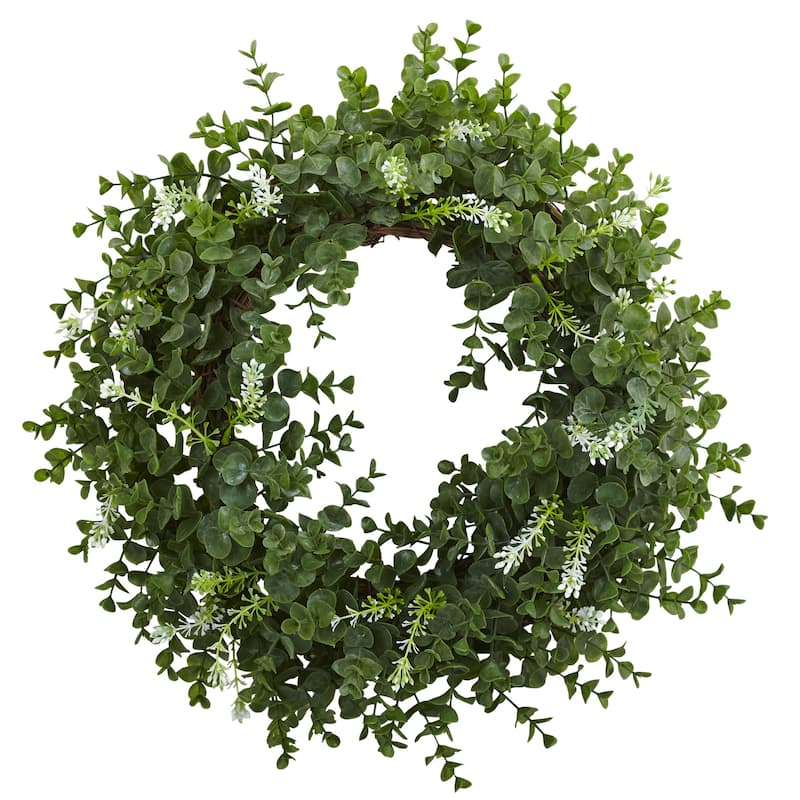 18” Decorative Eucalyptus Wreath Green Leaves and White Flowers for Indoor or Covered Porch - Green-White