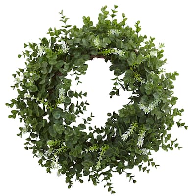 18” Decorative Eucalyptus Wreath Green Leaves and White Flowers for Indoor or Covered Porch