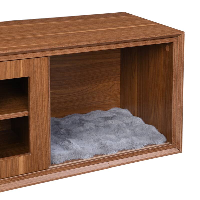 Extendable TV Stand with Cat Cushion, Pet-Friendly Entertainment Center with Sliding Door, Wooden Media TV Console Table