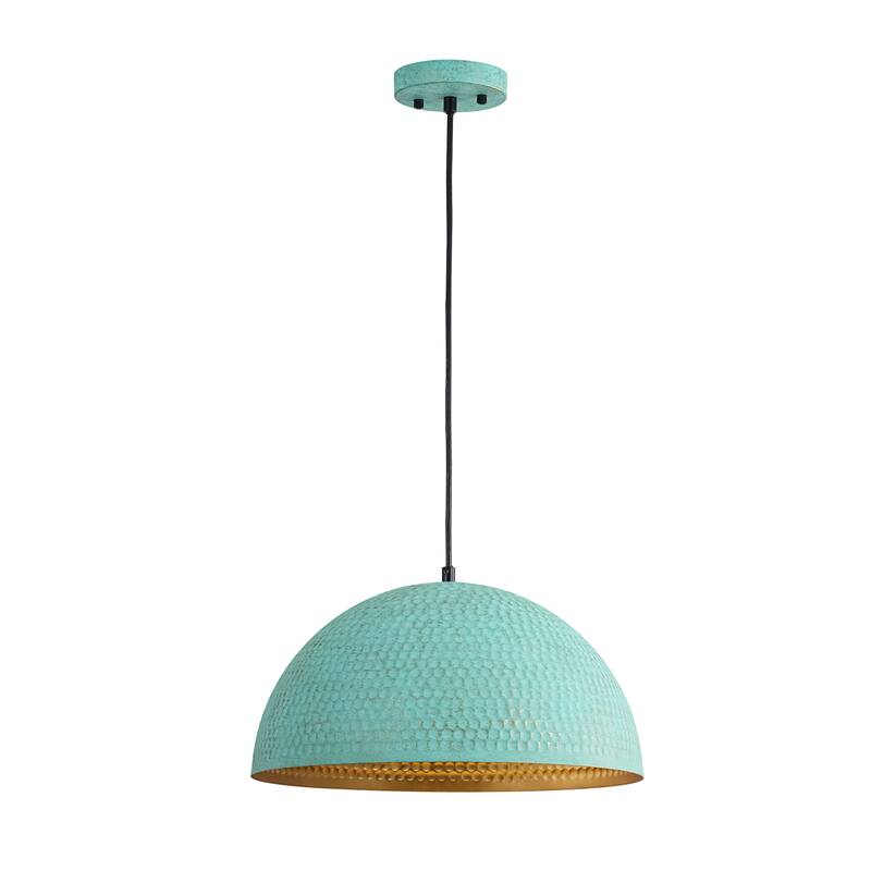 15.7" 1-Light Retro Antiqued Green Hammered Dome Pendant with Gold Interior Hanging Light for Dining Room