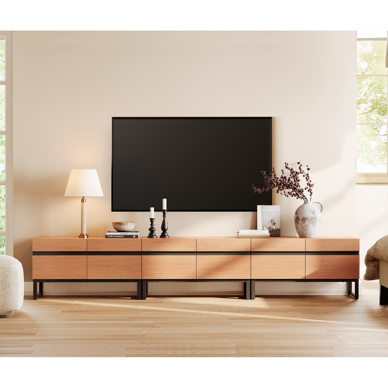 WAMPAT Modern TV Stand with Storage Cabinets, Wood Entertainment Center Media Console Table with Metal Legs for Living Room