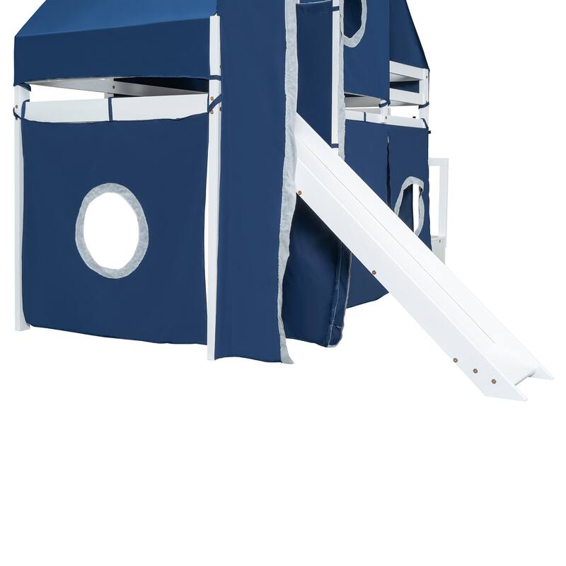 Blue Twin Loft Bed with Tent, Tower, and Playhouse Design for Kids