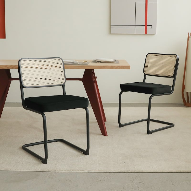 Dining Chairs Set of 2, Velvet Rattan Side Accent Chairs with Chrome Legs, Modern Mid Century Breuer Designed Chairs - Champagne