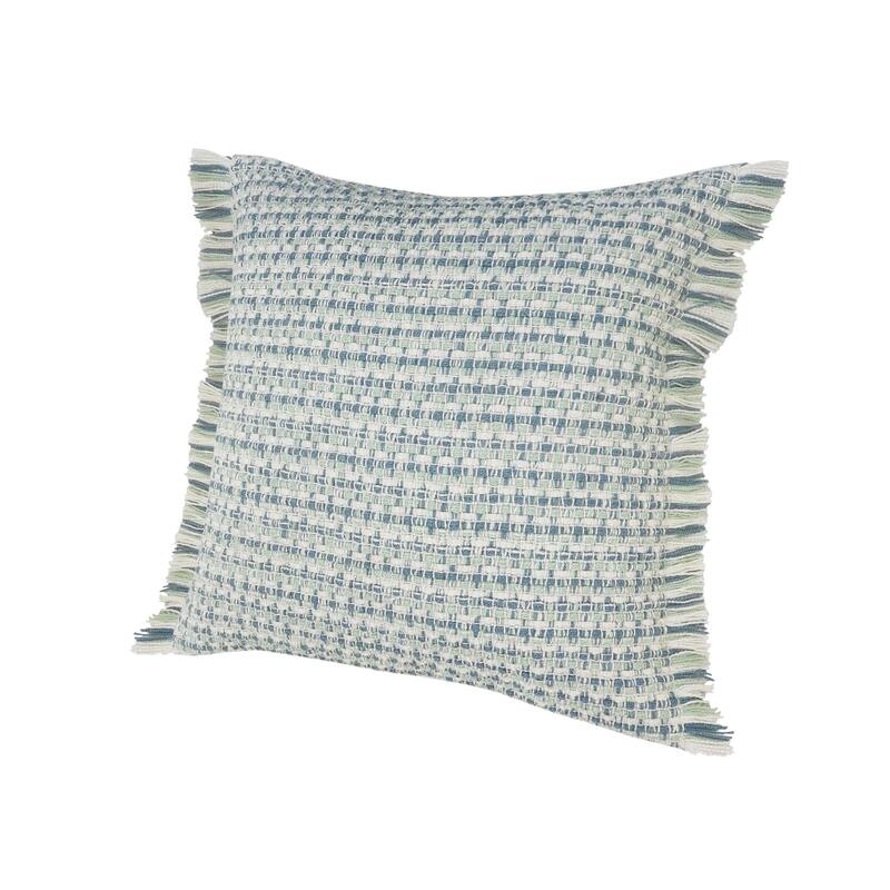 24" Blue and White Interwoven Fringed Outdoor Square Throw Pillow