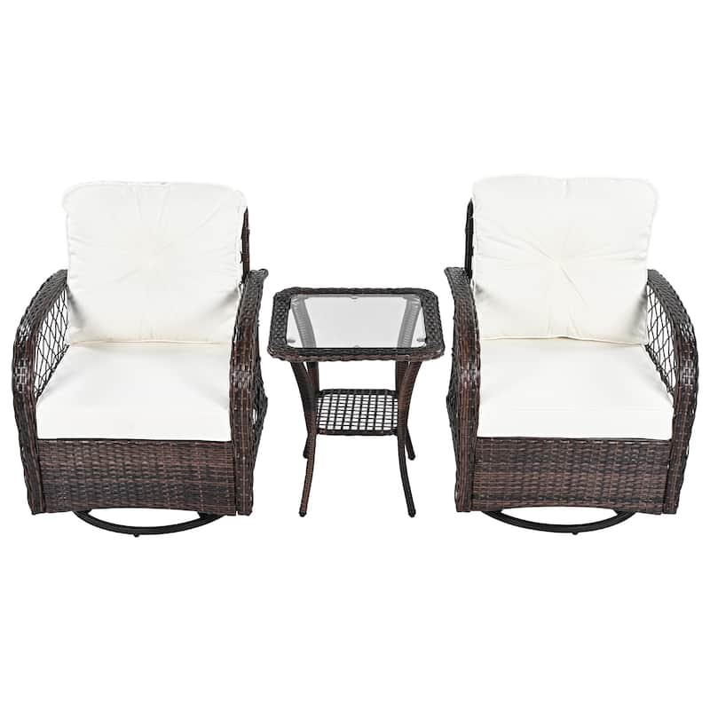 3-Piece Outdoor Chair Table Set Chat with Square Table & 2 Swiveling Chairs Set 2-person Rattan Seating Group for Garden