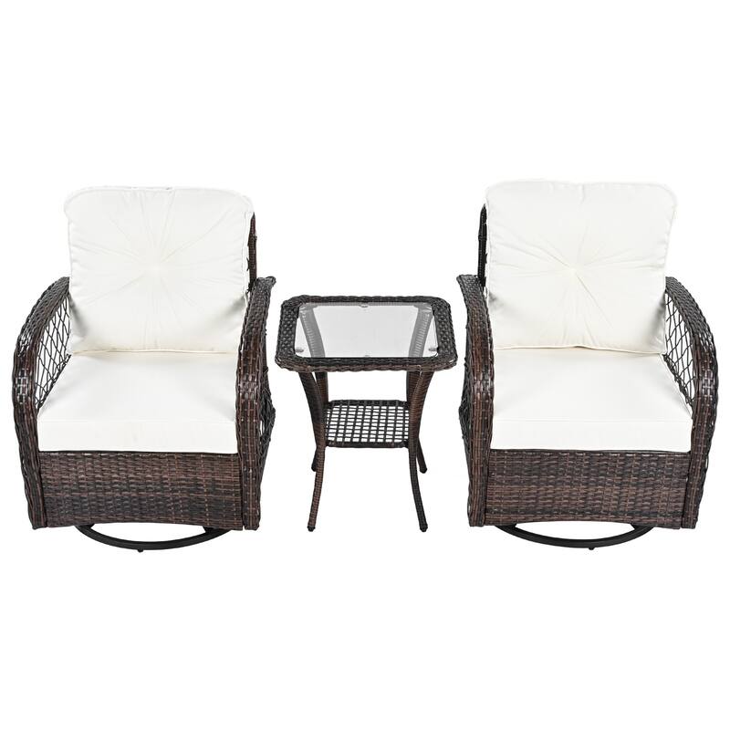 Outdoor Rattan Table Chairs Set with 2 Swivel Chair and Storage Shelf Coffee Table, Patio Conversation Chair Set, 3-Piece