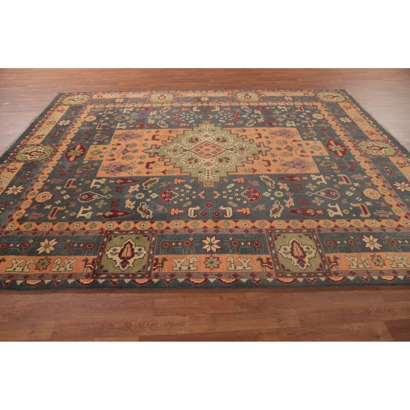 Geometric Kazak Area Rug Handmade Traditional Grey Wool Carpet - 7'9"x 9'9"
