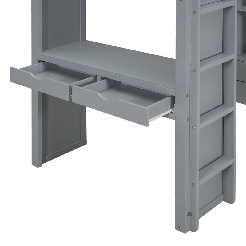 Twin Size Wooden Loft Bed with large shelves, writing desk and LED Light