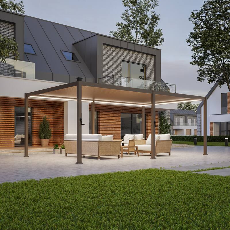 Outdoor Metal Solar LED Louvered Pergola with Adjustable Roof - 12' x 20' - Brown