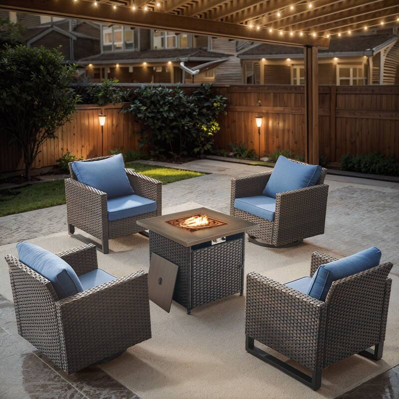 Gymojoy Outdoor Fire Pit Conversation Set, Patio Furniture with Cushions - 5 PCS - Swivel Chair & Fire Pit & Club Chair - Brown Wicker / Blue Cusion