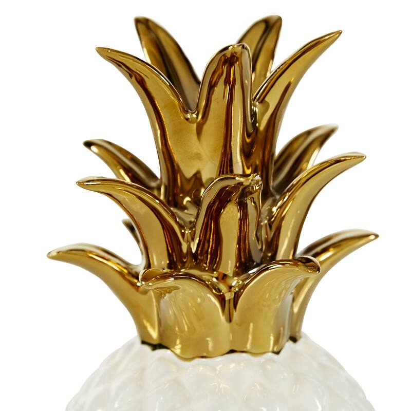 CosmoLiving by Cosmopolitan White Porcelain Ceramic Faceted Pineapple Fruit Decorative Sculpture with Gold Leaves