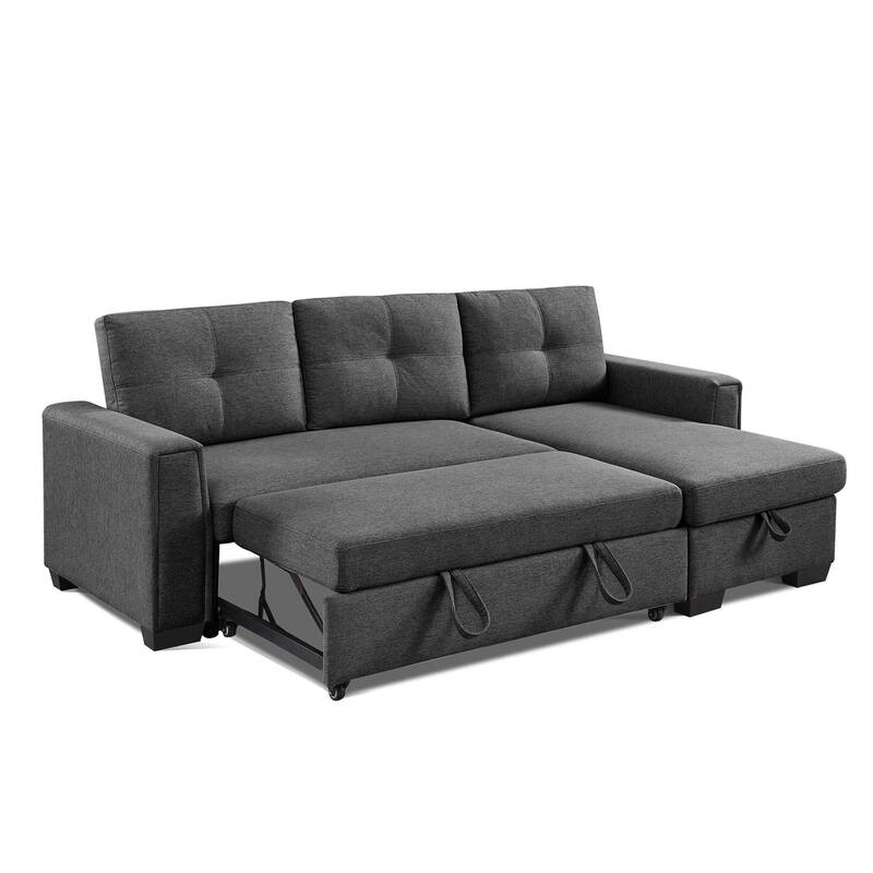 HomeRoots 92" Dark Gray Polyester Blend Convertible Futon Sleeper Sofa With Black Legs - 92