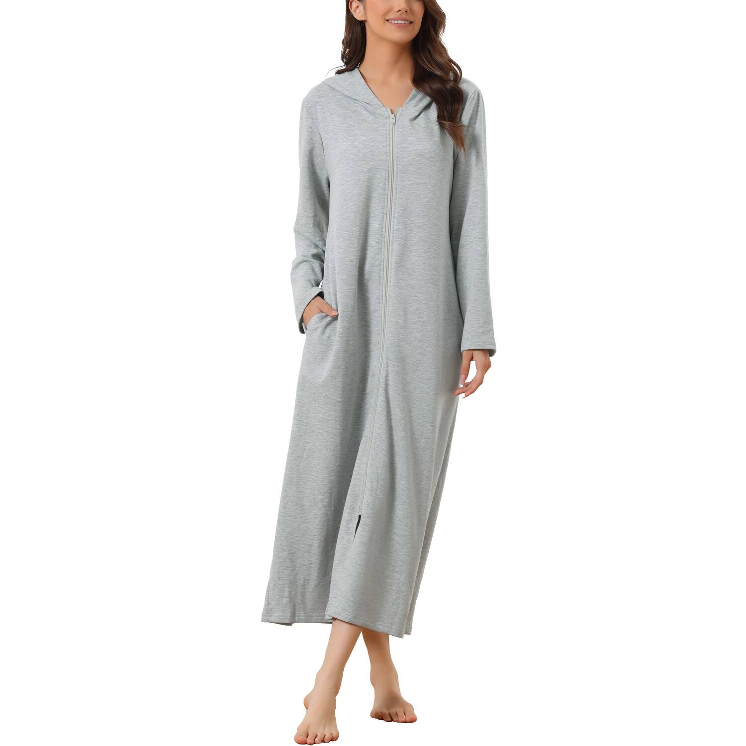 Women's Zip Robe Hooded Long Sleeve Bathrobe Housecoat with