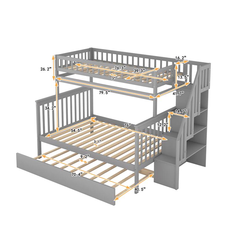 Twin over Full Bunk Bed with Trundle and Staircase - Grey