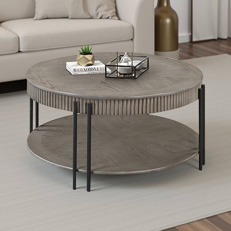 Pery Coffee Table, 38 Inch, Light Gray Round Top, Sleek Iron Legs