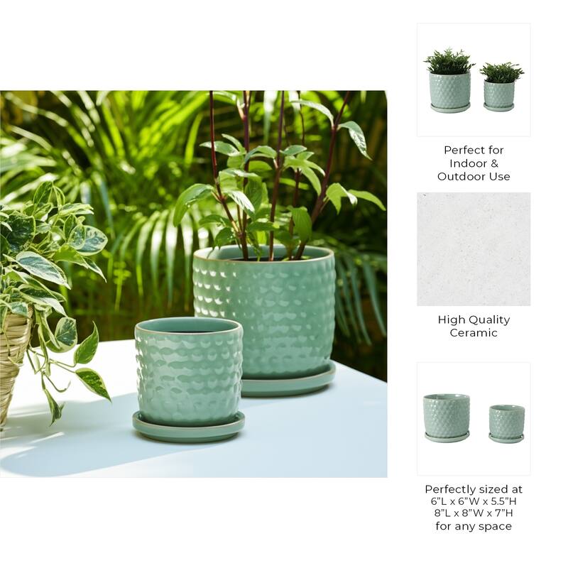 Ceramic Planters with Textured Bubble Surface and Saucers (Set of 2) - 8" x 8" x 7"