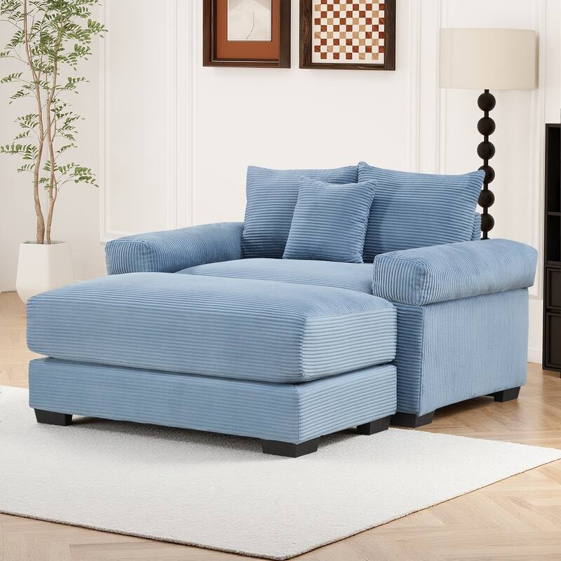 Oversized Chaise Lounge Corduroy Chair Indoor Single Sofa with Ottoman for Living Room Bedroom - Chair + Ottoman - Blue
