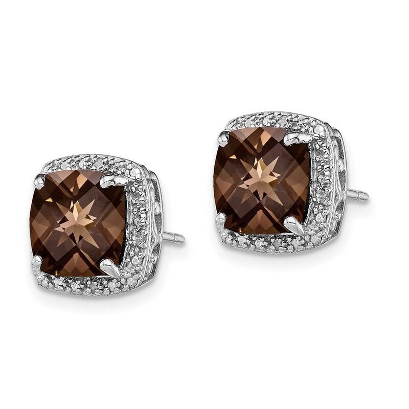 Curata 925 Sterling Silver Polished Post Earrings Smokey Quartz and Diamond Earrings - 13x13mm Wide