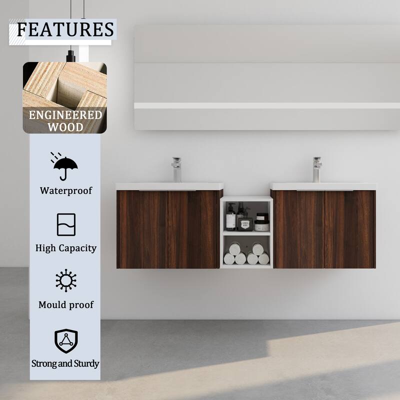 60 Inch Bathroom Vanity with Soft Close Doors, Resin Sink, Ample Storage and Matching Small Shelves (KD Packing)