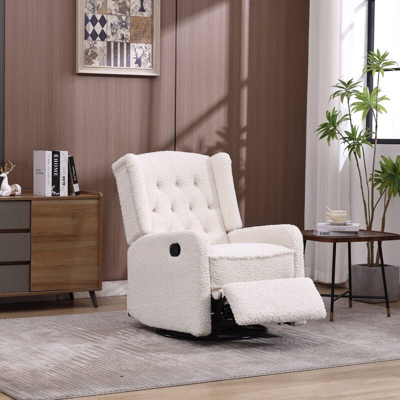 HOMEFUN Upholstered 360 Degree Swivel Rocking Recliner Chair for Bedroom,Living Room - White+Teddy Fabric