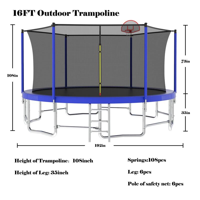 16FT Trampoline with Balance Bar & Basketball Hoop&Ball, ASTM Approved Reinforced Type Outdoor Trampoline