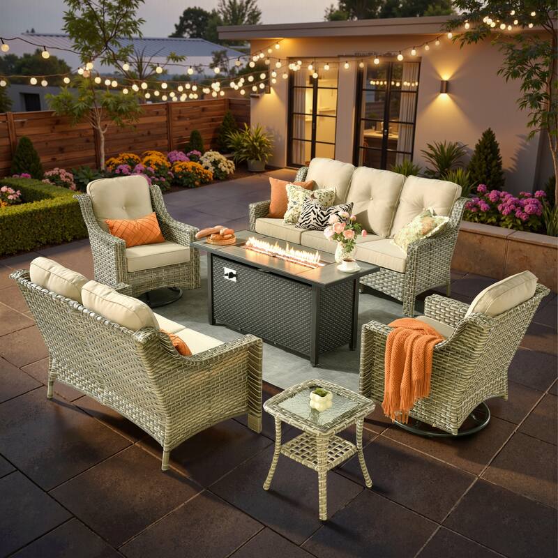 XIZZI 6-piece Patio Furniture Conversation Seating Set with Fire Pit - Beige