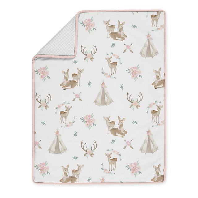 Sweet Jojo Designs Blush Pink Mint White Boho Watercolor Woodland Deer Floral Collection Girl 4-piece Crib Bedding Set