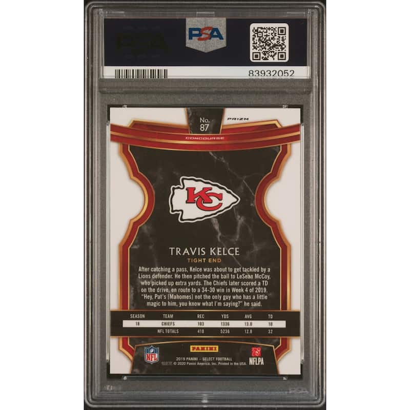Travis Kelce 2019 Panini Select Silver Prizm Football Card #87 Graded PSA 9 - 8'6" x 11'6"