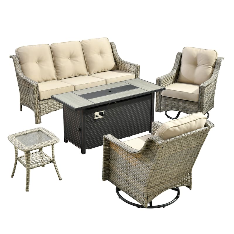 OVIOS 5 Pieces Outdoor Wicker Set with 54" Fire Table