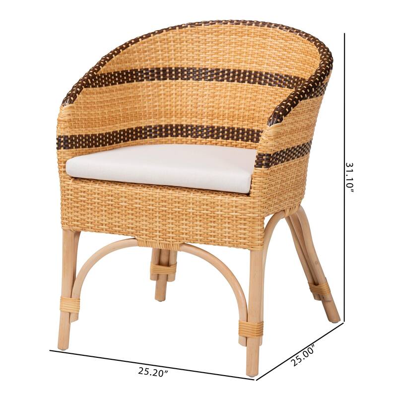 Elma Rattan Dining Chair with Cushion - Barrel-Back Accent Chair with Synthetic and Natural Rattan, Boho Coastal Style