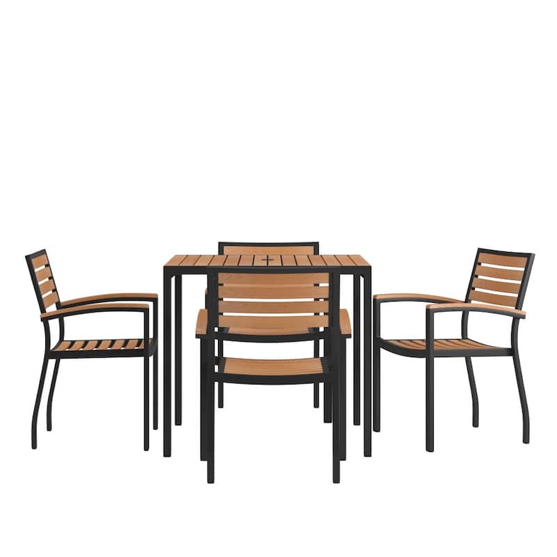 Black Steel Framed 36" Square Faux Teak Table with Umbrella Hole & 4 Club Chairs