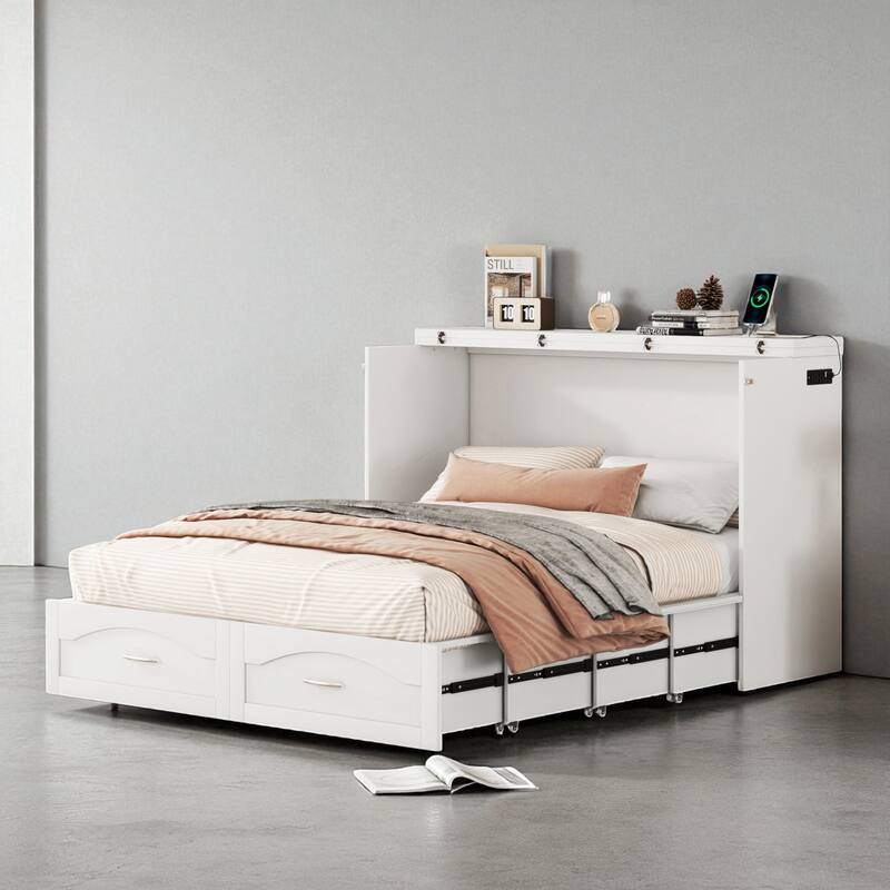 Full/Queen Size Murphy Wall Bed with USB Ports, Power Outlets, Drawers, Pulley System and Foldable Cabinet Design