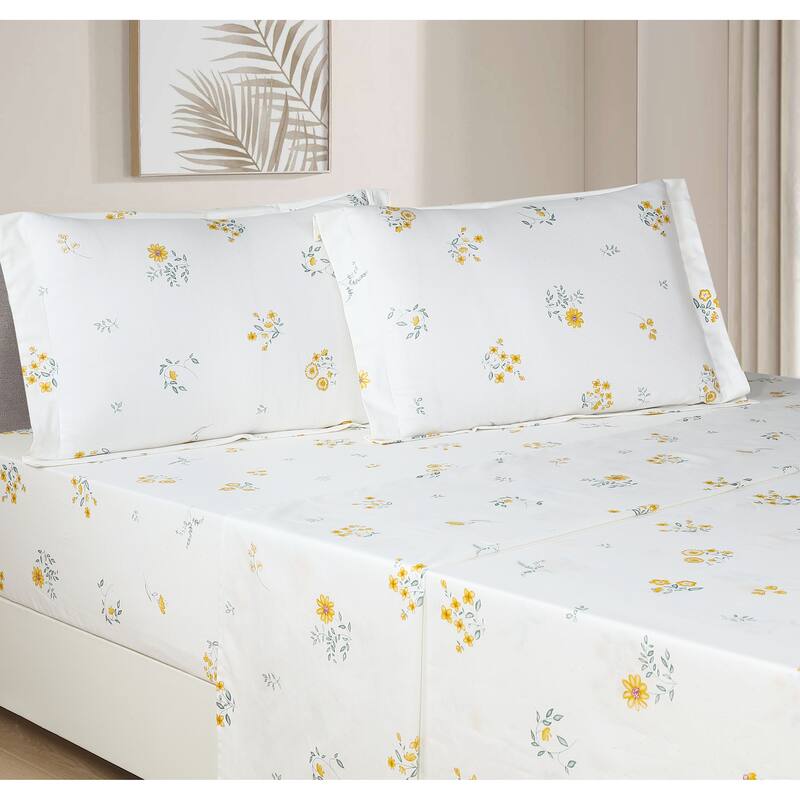 Leila Yellow Floral 100% Cotton Sheet Set with Pillowcases