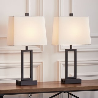 Set of 2 Black Touch Control Table Lamps with White Rectangular Shades, USB Ports & AC Outlet