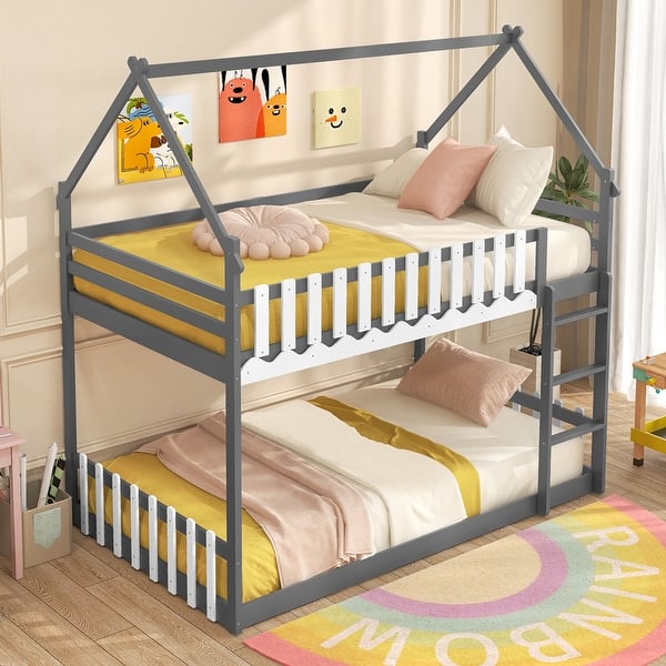 slide 2 of 10, Gymax Twin Over Twin Bunk Bed w/ Fence & Ladder Solid Wood Floor Bunk Grey - Twin