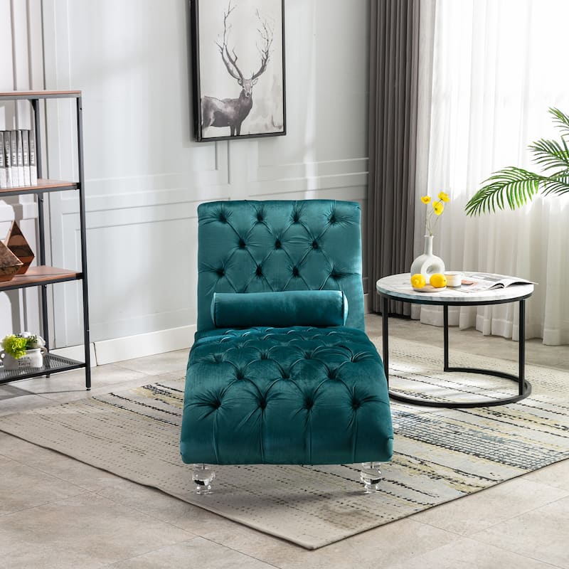 Teal Modern 63.98" Upholstered Buttons Tufted Chaise Lounge Chair with Pillow and Acrylic Legs
