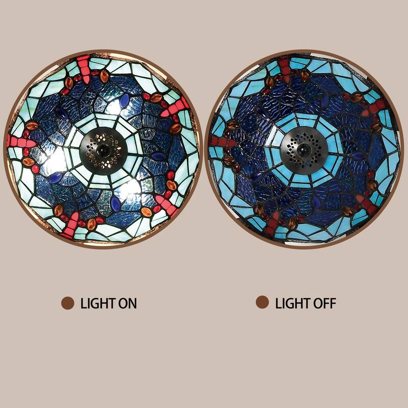 Pluvey 52-Inch Flushmount Lighted Ceiling Fan Blue Red Draginfly Tiffany Glass Lamp Black Finish
