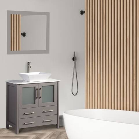 Vanity Art 54-inch Single Quartz Sink Bathroom Vanity Set 8 Drawers, 3 Cabinets, 1 Shelf, Soft-Closing Doors with Free Mirror