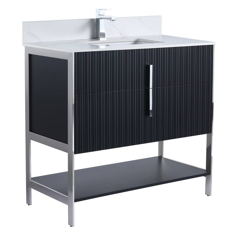 Fine Fixtures Serenity Modern Bathroom Vanity with White Carrara Stone Top - Black Matte - Chrome Hardware - 36 inch